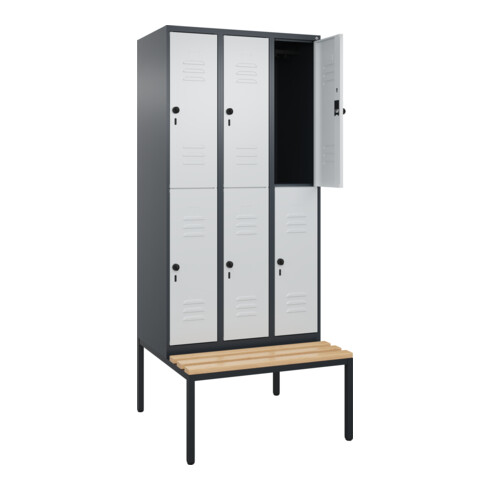 C+P Doppelstock-Spind Classic PLUS, Bank, 3 Abteile, 2120x900x815mm, 7016/7035 Verschluss Sicherheits-Drehriegel Sitzbanktyp untergebaut Material Sitzfläche Buche-Hartholz