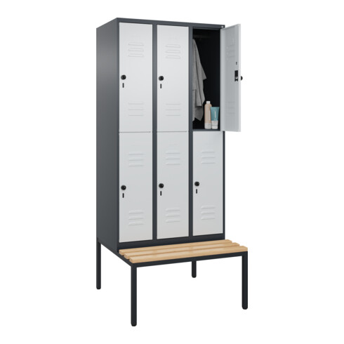 C+P Doppelstock-Spind Classic PLUS, Bank, 3 Abteile, 2120x900x815mm, 7016/7035 Verschluss Sicherheits-Drehriegel Sitzbanktyp untergebaut Material Sitzfläche Buche-Hartholz