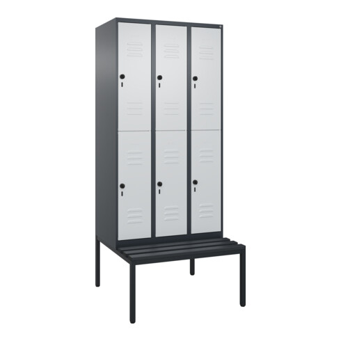 C+P Doppelstock-Spind Classic PLUS, Bank, 3 Abteile, 2120x900x815mm, 7016/7035 Verschluss Sicherheits-Drehriegel Sitzbanktyp untergebaut Material Sitzfläche Kunststoff