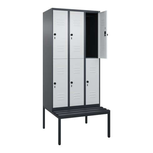 C+P Doppelstock-Spind Classic PLUS, Bank, 3 Abteile, 2120x900x815mm, 7016/7035 Verschluss Sicherheits-Drehriegel Sitzbanktyp untergebaut Material Sitzfläche Kunststoff