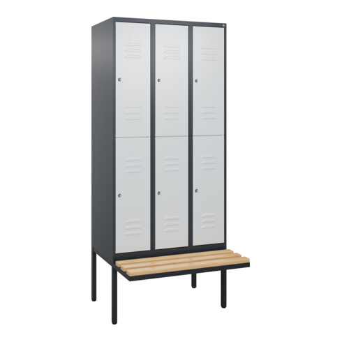C+P Doppelstock-Spind Classic PLUS, Bank, 3 Abteile, 2120x900x815mm, 7016/7035 Verschluss Zylinderschloss Sitzbanktyp auskragend Material Sitzfläche Buche-Hartholz