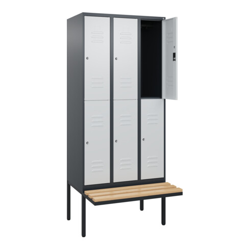 C+P Doppelstock-Spind Classic PLUS, Bank, 3 Abteile, 2120x900x815mm, 7016/7035 Verschluss Zylinderschloss Sitzbanktyp auskragend Material Sitzfläche Buche-Hartholz