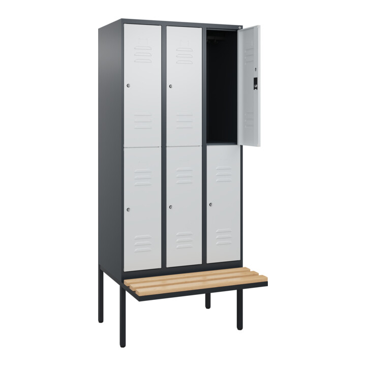 C+P Doppelstock-Spind Classic PLUS, Bank, 3 Abteile, 2120x900x815mm, 7016/7035 Verschluss Zylinderschloss Sitzbanktyp auskragend Material Sitzfläche Buche-Hartholz