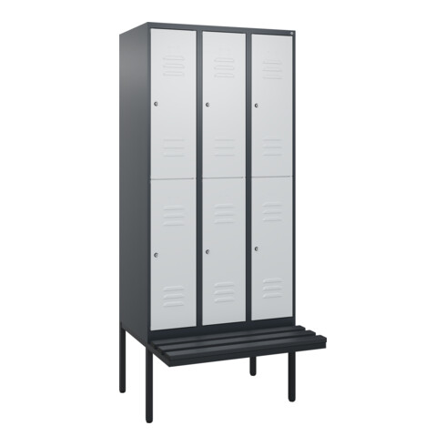 C+P Doppelstock-Spind Classic PLUS, Bank, 3 Abteile, 2120x900x815mm, 7016/7035 Verschluss Zylinderschloss Sitzbanktyp auskragend Material Sitzfläche Kunststoff