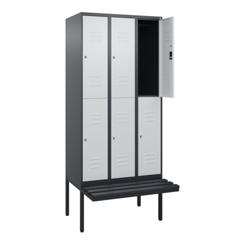 C+P Doppelstock-Spind Classic PLUS, Bank, 3 Abteile, 2120x900x815mm, 7016/7035 Verschluss Zylinderschloss Sitzbanktyp auskragend Material Sitzfläche Kunststoff