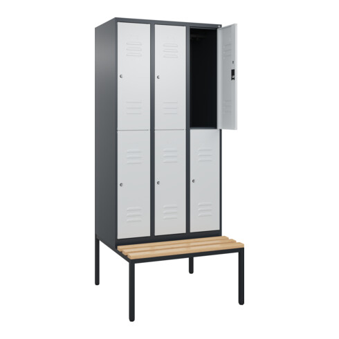 C+P Doppelstock-Spind Classic PLUS, Bank, 3 Abteile, 2120x900x815mm, 7016/7035 Verschluss Zylinderschloss Sitzbanktyp untergebaut Material Sitzfläche Buche-Hartholz