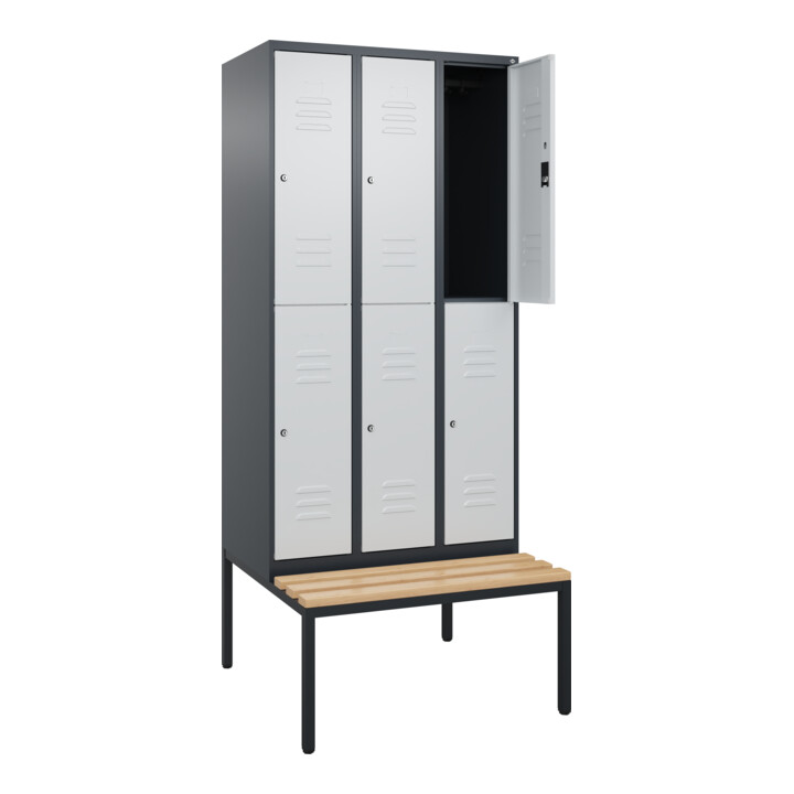 C+P Doppelstock-Spind Classic PLUS, Bank, 3 Abteile, 2120x900x815mm, 7016/7035 Verschluss Zylinderschloss Sitzbanktyp untergebaut Material Sitzfläche Buche-Hartholz