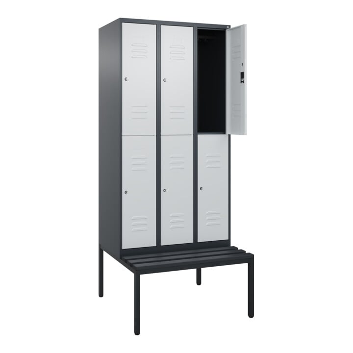C+P Doppelstock-Spind Classic PLUS, Bank, 3 Abteile, 2120x900x815mm, 7016/7035 Verschluss Zylinderschloss Sitzbanktyp untergebaut Material Sitzfläche Kunststoff
