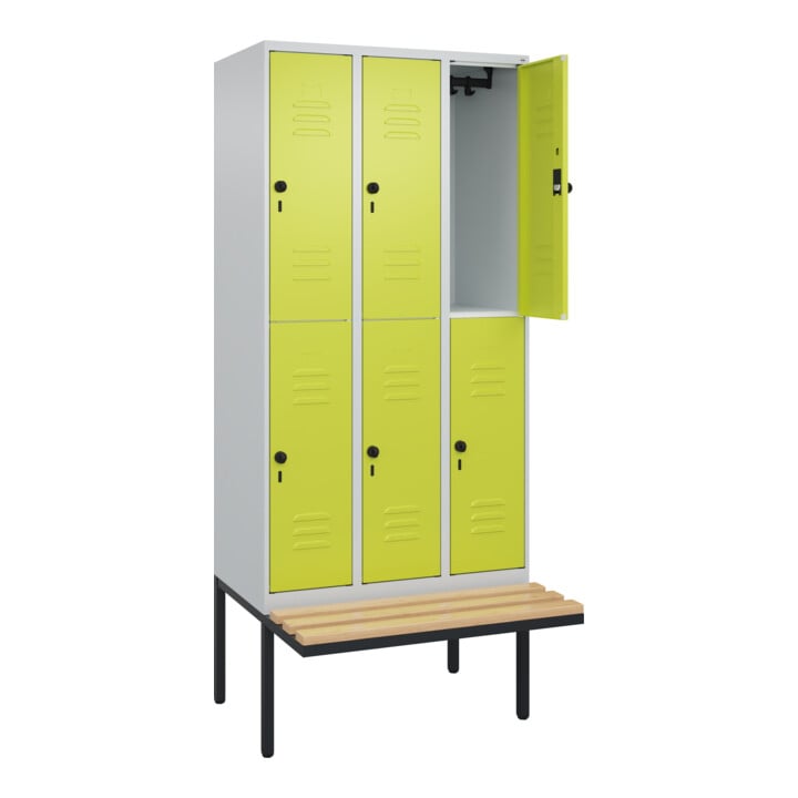 C+P Doppelstock-Spind Classic PLUS, Bank, 3 Abteile, 2120x900x815mm, 7035/0024 Verschluss Sicherheits-Drehriegel Sitzbanktyp auskragend Material Sitzfläche Buche-Hartholz