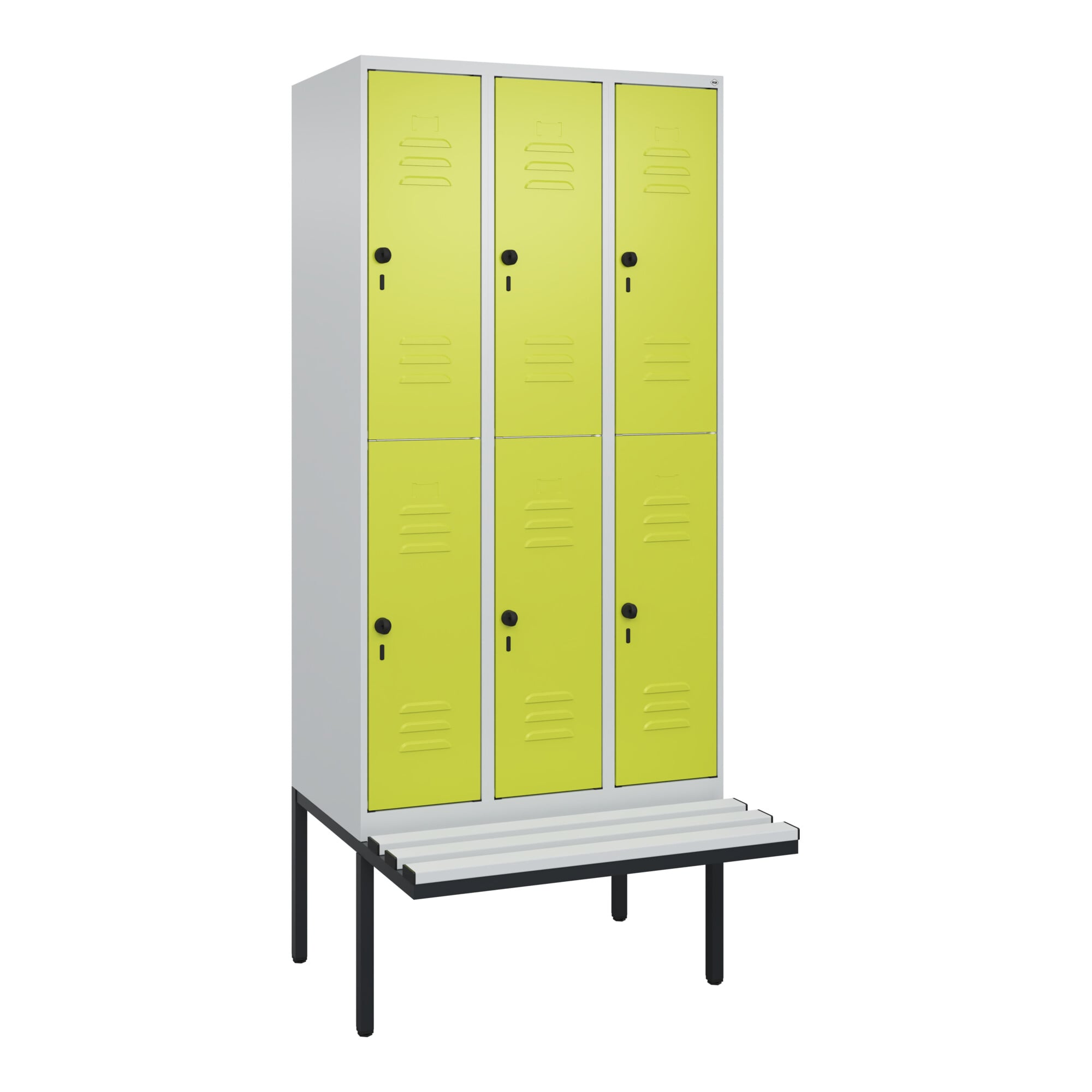 C+P Doppelstock-Spind Classic PLUS, Bank, 3 Abteile, 2120x900x815mm, 7035/0024 Verschluss Sicherheits-Drehriegel Sitzbanktyp auskragend Material Sitzf
