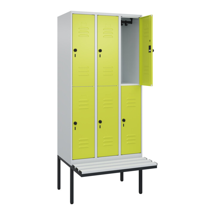 C+P Doppelstock-Spind Classic PLUS, Bank, 3 Abteile, 2120x900x815mm, 7035/0024 Verschluss Sicherheits-Drehriegel Sitzbanktyp auskragend Material Sitzfläche Kunststoff