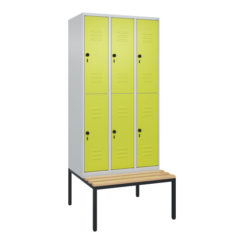 C+P Doppelstock-Spind Classic PLUS, Bank, 3 Abteile, 2120x900x815mm, 7035/0024 Verschluss Sicherheits-Drehriegel Sitzbanktyp untergebaut Material Sitzfläche Buche-Hartholz