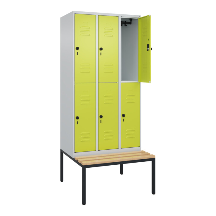C+P Doppelstock-Spind Classic PLUS, Bank, 3 Abteile, 2120x900x815mm, 7035/0024 Verschluss Sicherheits-Drehriegel Sitzbanktyp untergebaut Material Sitzfläche Buche-Hartholz
