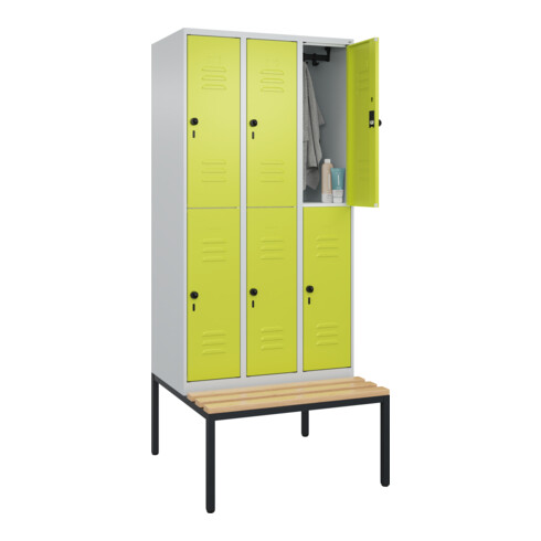 C+P Doppelstock-Spind Classic PLUS, Bank, 3 Abteile, 2120x900x815mm, 7035/0024 Verschluss Sicherheits-Drehriegel Sitzbanktyp untergebaut Material Sitzfläche Buche-Hartholz