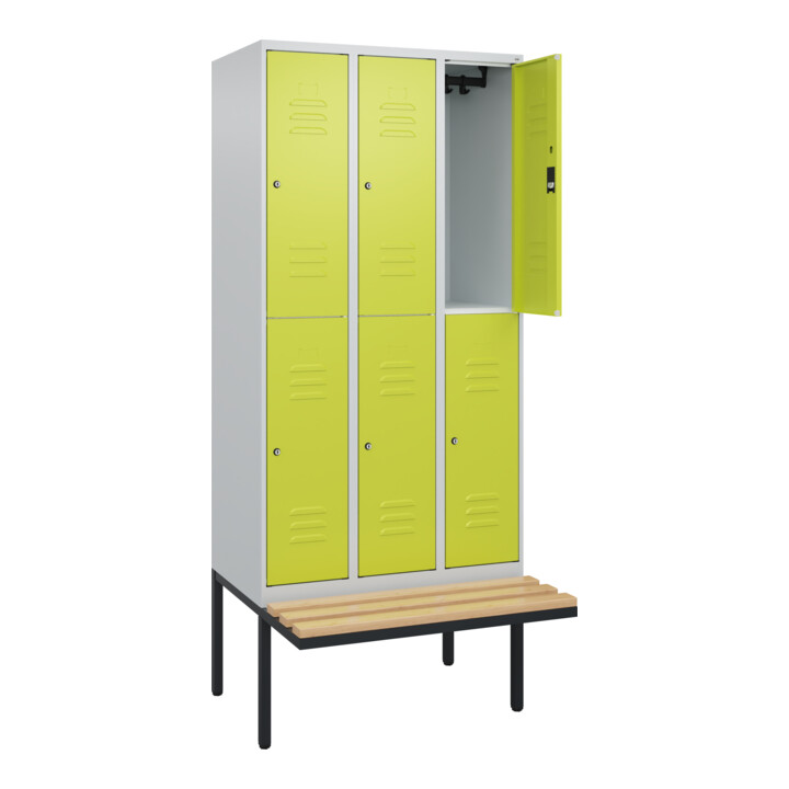 C+P Doppelstock-Spind Classic PLUS, Bank, 3 Abteile, 2120x900x815mm, 7035/0024 Verschluss Zylinderschloss Sitzbanktyp auskragend Material Sitzfläche Buche-Hartholz