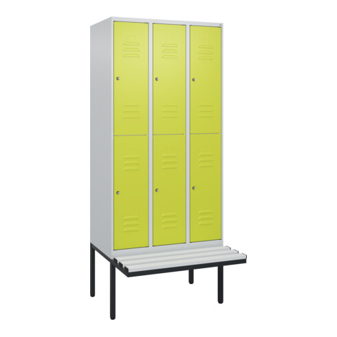 C+P Doppelstock-Spind Classic PLUS, Bank, 3 Abteile, 2120x900x815mm, 7035/0024 Verschluss Zylinderschloss Sitzbanktyp auskragend Material Sitzfläche Kunststoff