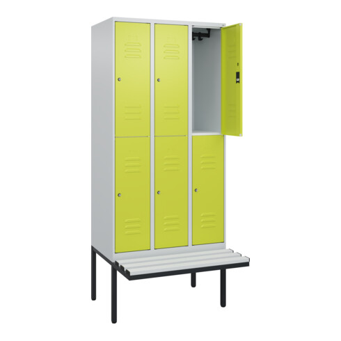 C+P Doppelstock-Spind Classic PLUS, Bank, 3 Abteile, 2120x900x815mm, 7035/0024 Verschluss Zylinderschloss Sitzbanktyp auskragend Material Sitzfläche Kunststoff