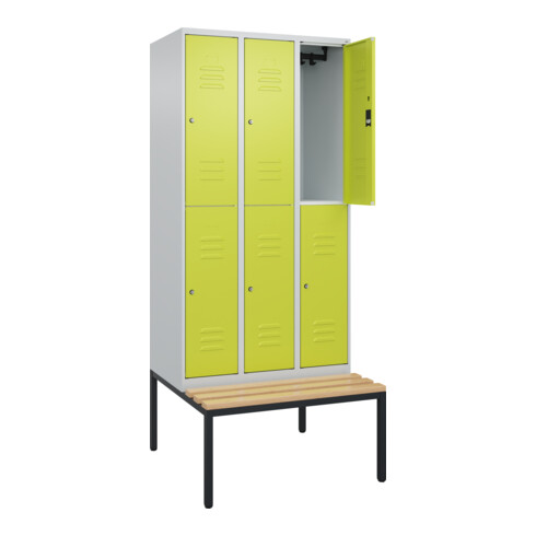 C+P Doppelstock-Spind Classic PLUS, Bank, 3 Abteile, 2120x900x815mm, 7035/0024 Verschluss Zylinderschloss Sitzbanktyp untergebaut Material Sitzfläche Buche-Hartholz