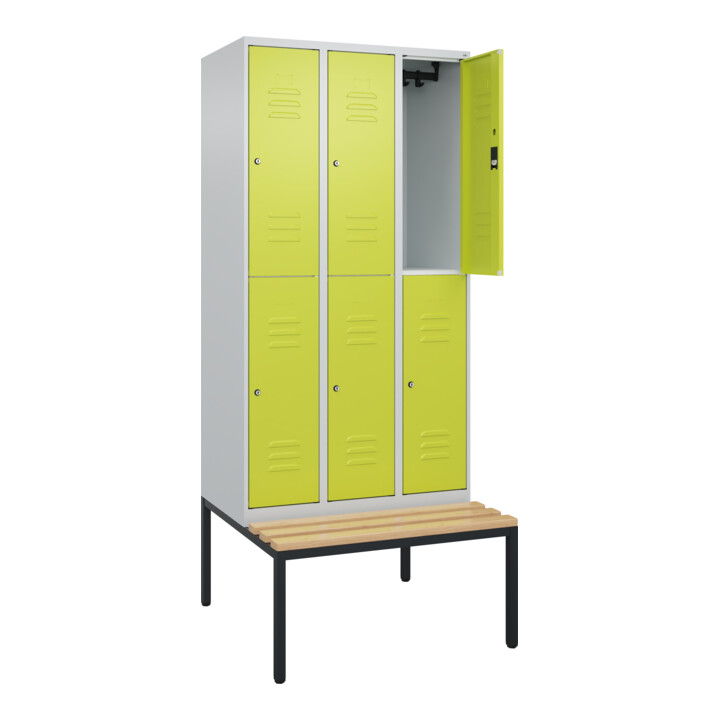 C+P Doppelstock-Spind Classic PLUS, Bank, 3 Abteile, 2120x900x815mm, 7035/0024 Verschluss Zylinderschloss Sitzbanktyp untergebaut Material Sitzfläche Buche-Hartholz