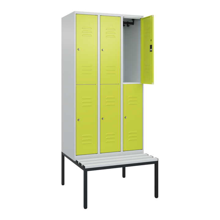 C+P Doppelstock-Spind Classic PLUS, Bank, 3 Abteile, 2120x900x815mm, 7035/0024 Verschluss Zylinderschloss Sitzbanktyp untergebaut Material Sitzfläche Kunststoff