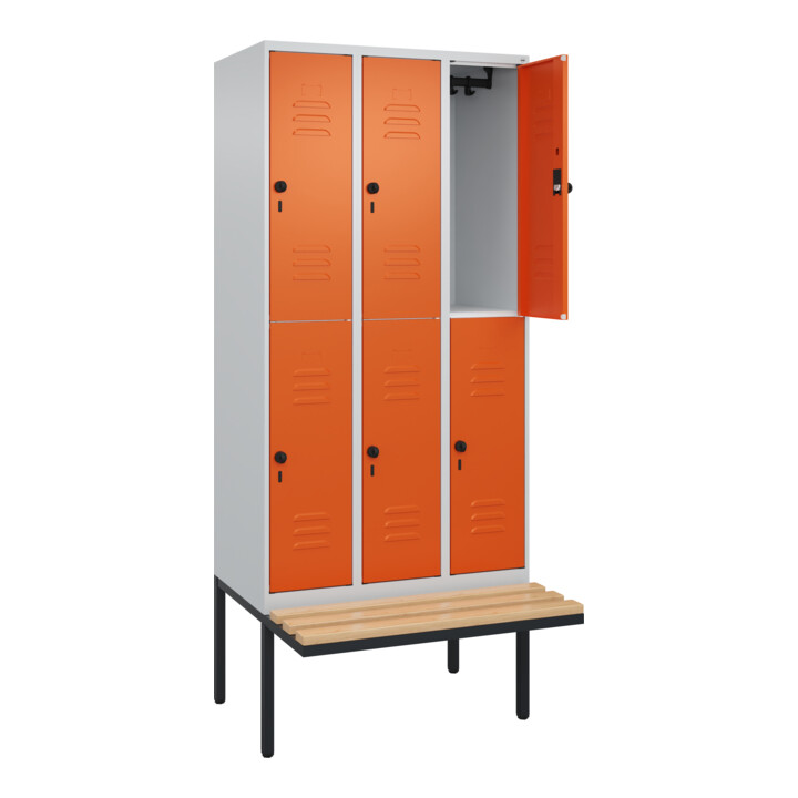 C+P Doppelstock-Spind Classic PLUS, Bank, 3 Abteile, 2120x900x815mm, 7035/2004 Verschluss Sicherheits-Drehriegel Sitzbanktyp auskragend Material Sitzfläche Buche-Hartholz
