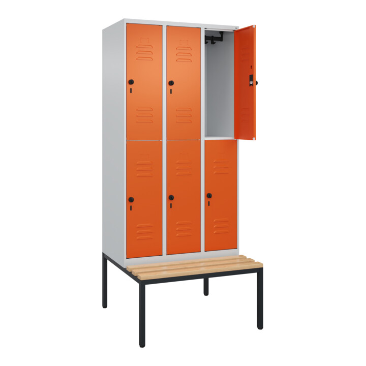 C+P Doppelstock-Spind Classic PLUS, Bank, 3 Abteile, 2120x900x815mm, 7035/2004 Verschluss Sicherheits-Drehriegel Sitzbanktyp untergebaut Material Sitzfläche Buche-Hartholz