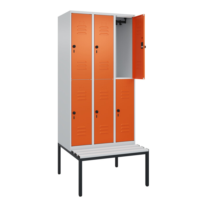 C+P Doppelstock-Spind Classic PLUS, Bank, 3 Abteile, 2120x900x815mm, 7035/2004 Verschluss Sicherheits-Drehriegel Sitzbanktyp untergebaut Material Sitzfläche Kunststoff