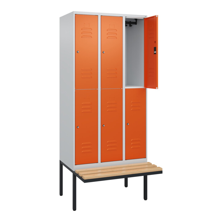 C+P Doppelstock-Spind Classic PLUS, Bank, 3 Abteile, 2120x900x815mm, 7035/2004 Verschluss Zylinderschloss Sitzbanktyp auskragend Material Sitzfläche Buche-Hartholz