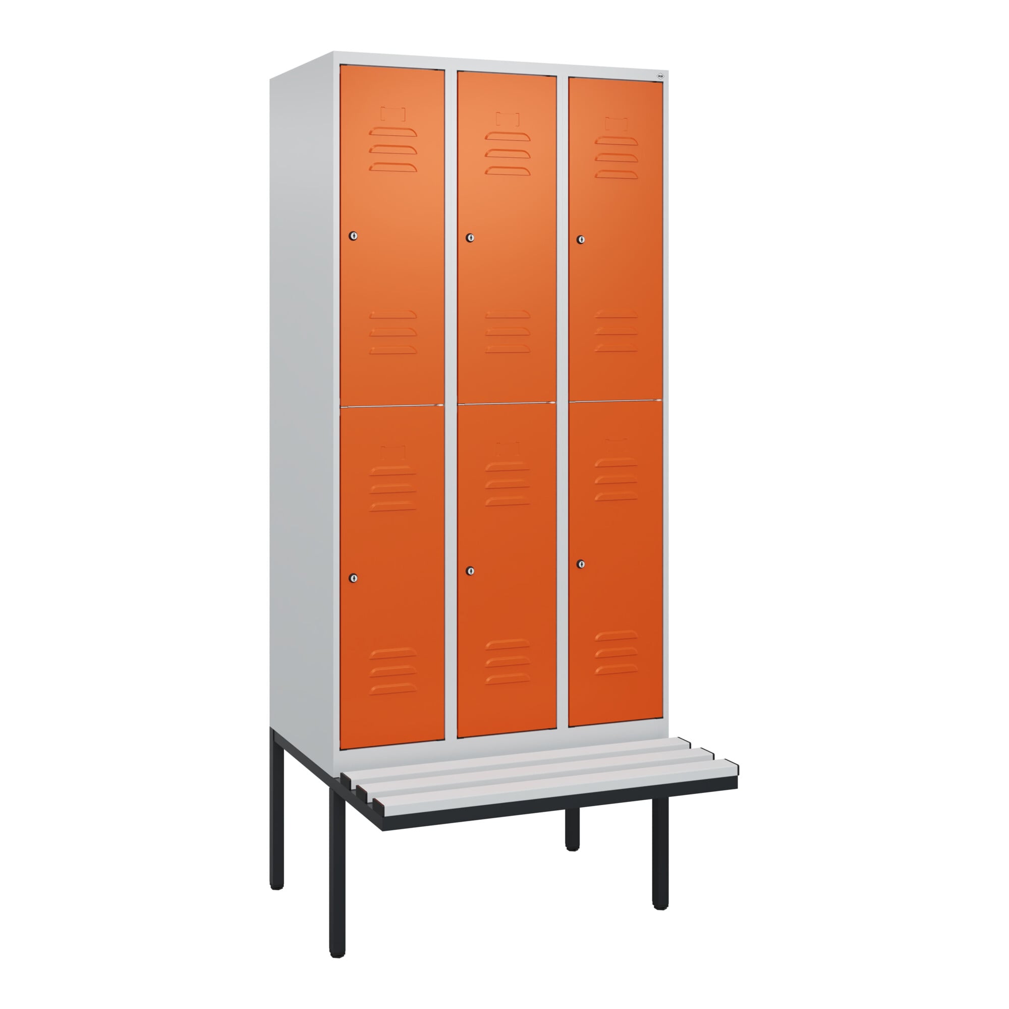 C+P Doppelstock-Spind Classic PLUS, Bank, 3 Abteile, 2120x900x815mm, 7035/2004 Verschluss Zylinderschloss Sitzbanktyp auskragend Material Sitzfläche K
