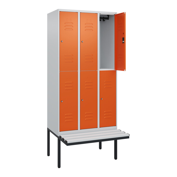 C+P Doppelstock-Spind Classic PLUS, Bank, 3 Abteile, 2120x900x815mm, 7035/2004 Verschluss Zylinderschloss Sitzbanktyp auskragend Material Sitzfläche Kunststoff