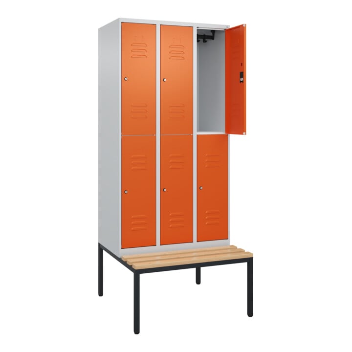 C+P Doppelstock-Spind Classic PLUS, Bank, 3 Abteile, 2120x900x815mm, 7035/2004 Verschluss Zylinderschloss Sitzbanktyp untergebaut Material Sitzfläche Buche-Hartholz