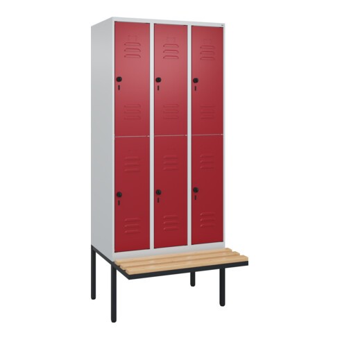 C+P Doppelstock-Spind Classic PLUS, Bank, 3 Abteile, 2120x900x815mm, 7035/3003 Verschluss Sicherheits-Drehriegel Sitzbanktyp auskragend Material Sitzfläche Buche-Hartholz