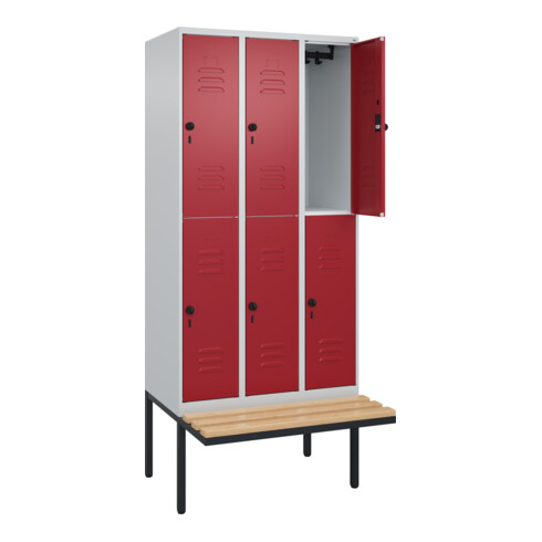 C+P Doppelstock-Spind Classic PLUS, Bank, 3 Abteile, 2120x900x815mm, 7035/3003 Verschluss Sicherheits-Drehriegel Sitzbanktyp auskragend Material Sitzfläche Buche-Hartholz