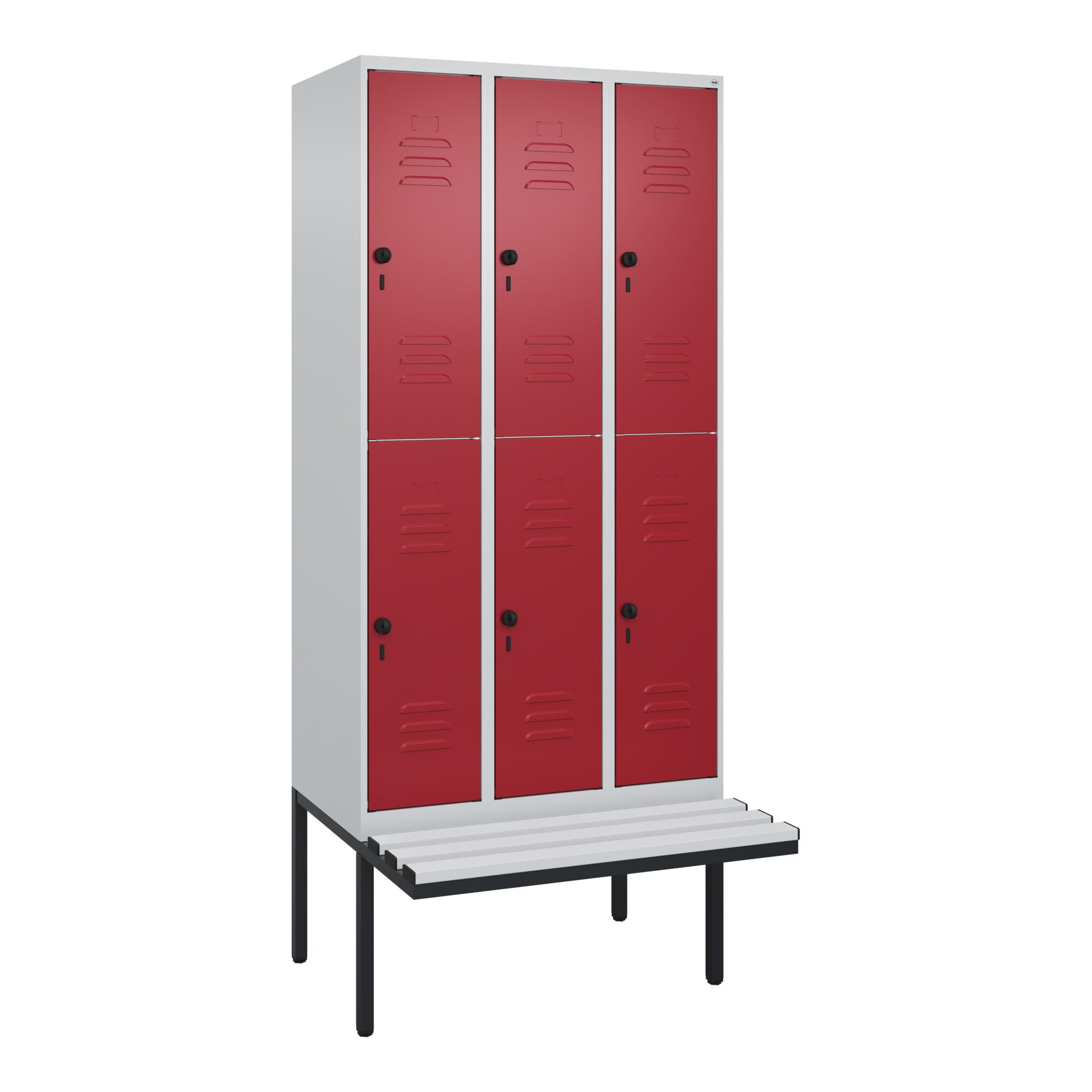 C+P Doppelstock-Spind Classic PLUS, Bank, 3 Abteile, 2120x900x815mm, 7035/3003 Verschluss Sicherheits-Drehriegel Sitzbanktyp auskragend Material Sitzf