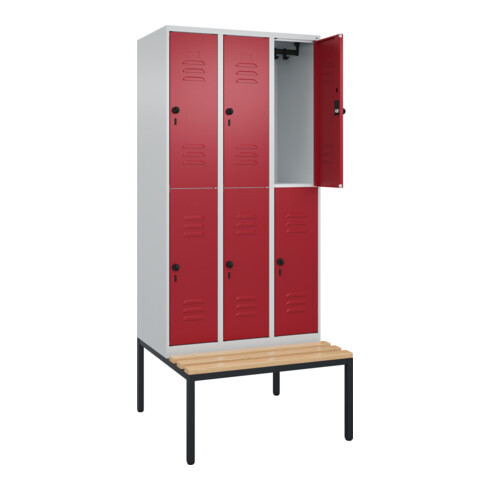 C+P Doppelstock-Spind Classic PLUS, Bank, 3 Abteile, 2120x900x815mm, 7035/3003 Verschluss Sicherheits-Drehriegel Sitzbanktyp untergebaut Material Sitzfläche Buche-Hartholz