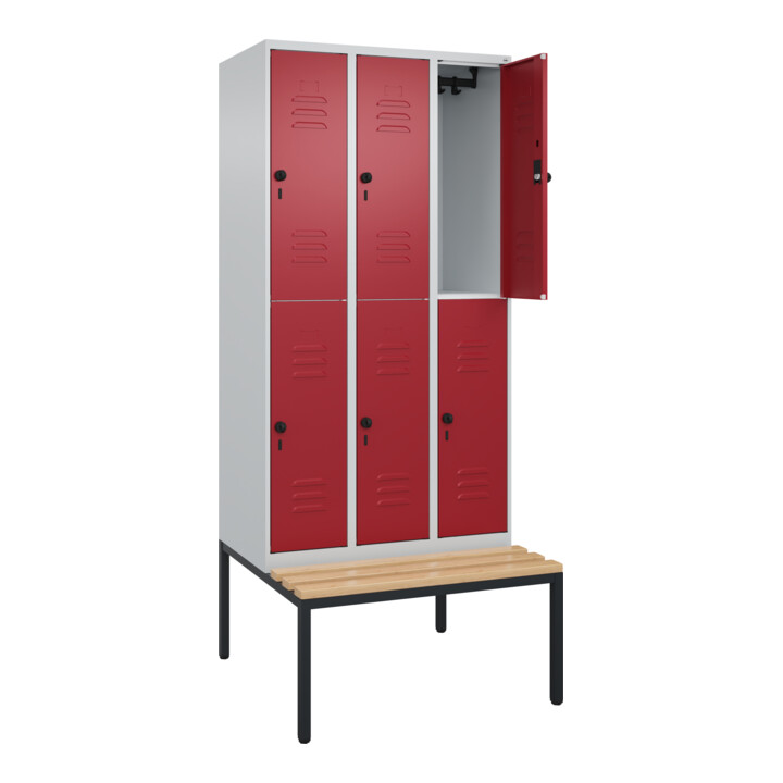 C+P Doppelstock-Spind Classic PLUS, Bank, 3 Abteile, 2120x900x815mm, 7035/3003 Verschluss Sicherheits-Drehriegel Sitzbanktyp untergebaut Material Sitzfläche Buche-Hartholz