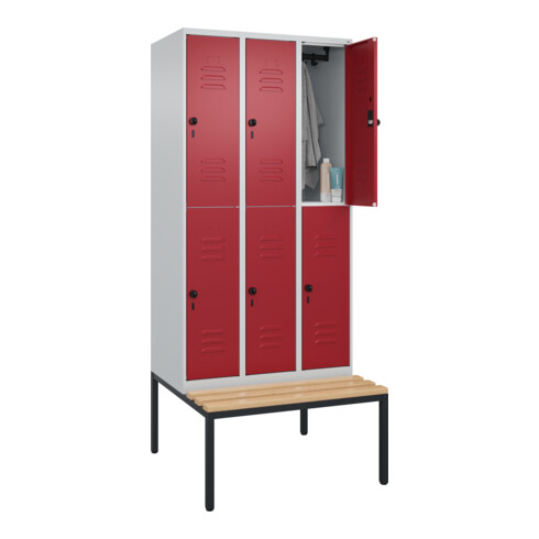 C+P Doppelstock-Spind Classic PLUS, Bank, 3 Abteile, 2120x900x815mm, 7035/3003 Verschluss Sicherheits-Drehriegel Sitzbanktyp untergebaut Material Sitzfläche Buche-Hartholz