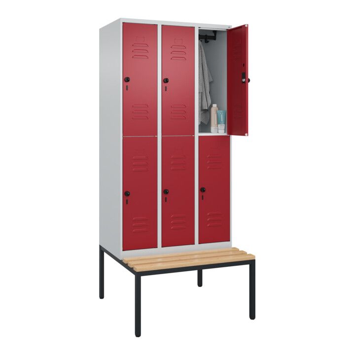 C+P Doppelstock-Spind Classic PLUS, Bank, 3 Abteile, 2120x900x815mm, 7035/3003 Verschluss Sicherheits-Drehriegel Sitzbanktyp untergebaut Material Sitzfläche Buche-Hartholz