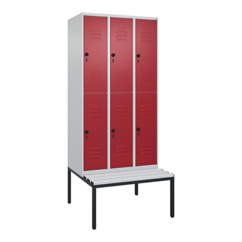 C+P Doppelstock-Spind Classic PLUS, Bank, 3 Abteile, 2120x900x815mm, 7035/3003 Verschluss Sicherheits-Drehriegel Sitzbanktyp untergebaut Material Sitzfläche Kunststoff
