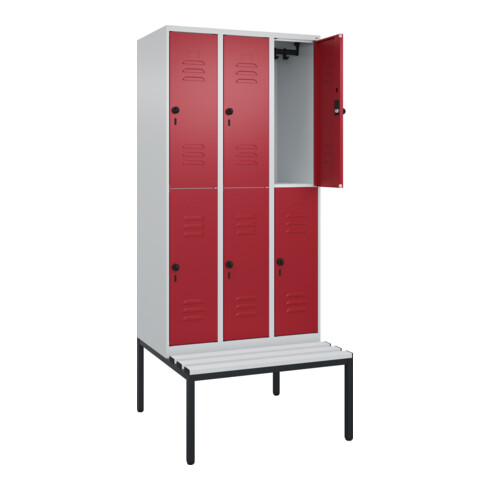 C+P Doppelstock-Spind Classic PLUS, Bank, 3 Abteile, 2120x900x815mm, 7035/3003 Verschluss Sicherheits-Drehriegel Sitzbanktyp untergebaut Material Sitzfläche Kunststoff