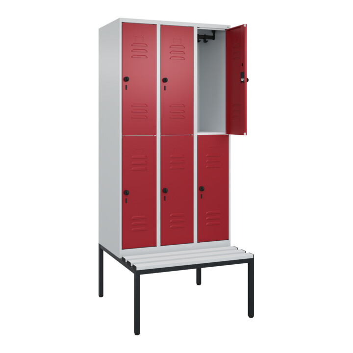 C+P Doppelstock-Spind Classic PLUS, Bank, 3 Abteile, 2120x900x815mm, 7035/3003 Verschluss Sicherheits-Drehriegel Sitzbanktyp untergebaut Material Sitzfläche Kunststoff