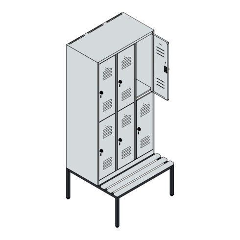 C+P Doppelstock-Spind Classic PLUS, Bank, 3 Abteile, 2120x900x815mm, 7035/3003 Verschluss Sicherheits-Drehriegel Sitzbanktyp untergebaut Material Sitzfläche Kunststoff