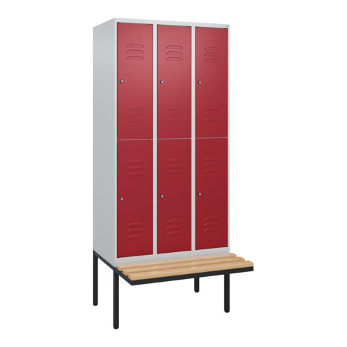 C+P Doppelstock-Spind Classic PLUS, Bank, 3 Abteile, 2120x900x815mm, 7035/3003 Verschluss Zylinderschloss Sitzbanktyp auskragend Material Sitzfläche Buche-Hartholz