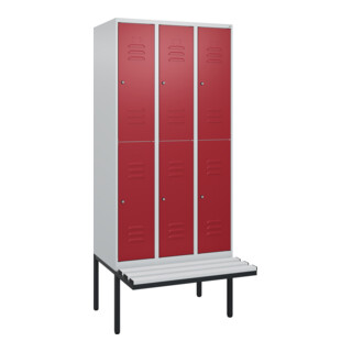 C+P Doppelstock-Spind Classic PLUS, Bank, 3 Abteile, 2120x900x815mm, 7035/3003 Verschluss Zylinderschloss Sitzbanktyp auskragend Material Sitzfläche Kunststoff