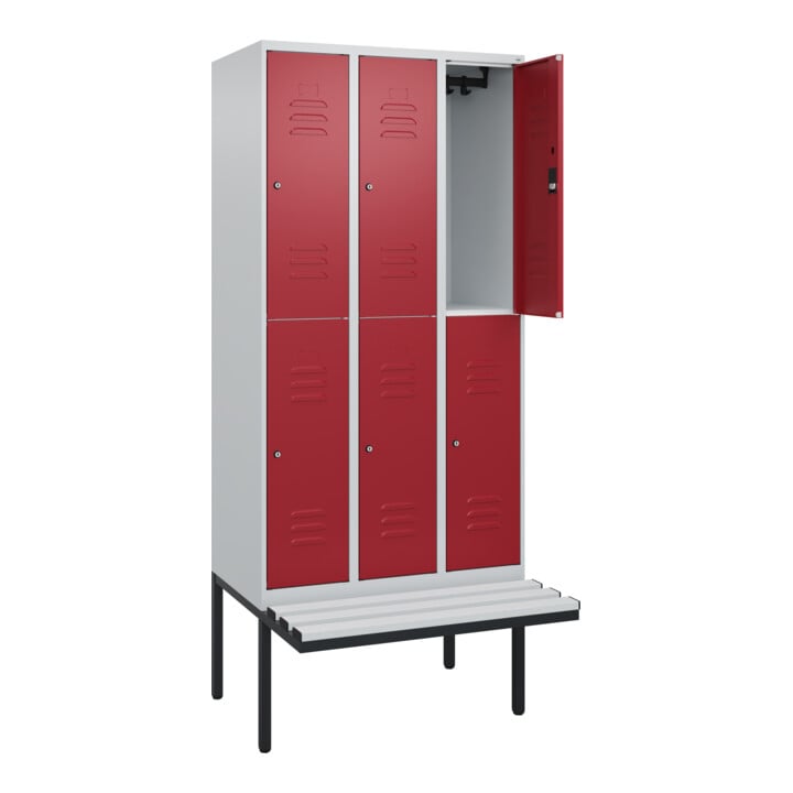C+P Doppelstock-Spind Classic PLUS, Bank, 3 Abteile, 2120x900x815mm, 7035/3003 Verschluss Zylinderschloss Sitzbanktyp auskragend Material Sitzfläche Kunststoff