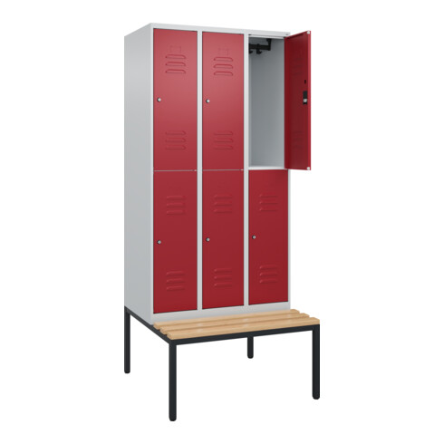 C+P Doppelstock-Spind Classic PLUS, Bank, 3 Abteile, 2120x900x815mm, 7035/3003 Verschluss Zylinderschloss Sitzbanktyp untergebaut Material Sitzfläche Buche-Hartholz