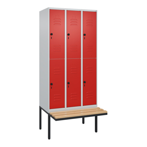 C+P Doppelstock-Spind Classic PLUS, Bank, 3 Abteile, 2120x900x815mm, 7035/3020 Verschluss Sicherheits-Drehriegel Sitzbanktyp auskragend Material Sitzfläche Buche-Hartholz