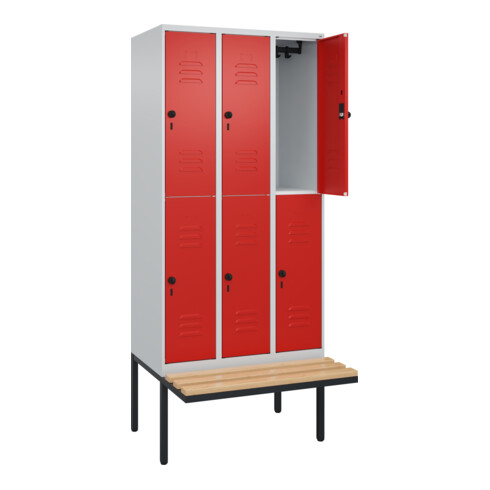 C+P Doppelstock-Spind Classic PLUS, Bank, 3 Abteile, 2120x900x815mm, 7035/3020 Verschluss Sicherheits-Drehriegel Sitzbanktyp auskragend Material Sitzfläche Buche-Hartholz