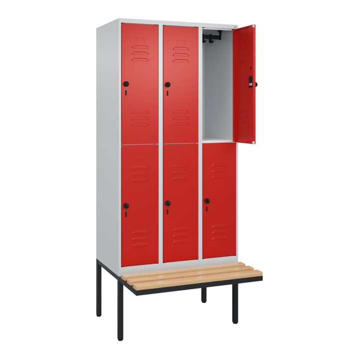 C+P Doppelstock-Spind Classic PLUS, Bank, 3 Abteile, 2120x900x815mm, 7035/3020 Verschluss Sicherheits-Drehriegel Sitzbanktyp auskragend Material Sitzfläche Buche-Hartholz