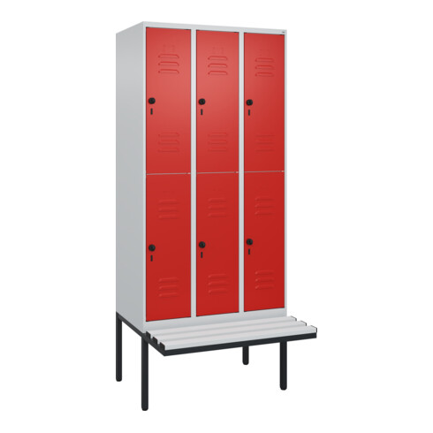 C+P Doppelstock-Spind Classic PLUS, Bank, 3 Abteile, 2120x900x815mm, 7035/3020 Verschluss Sicherheits-Drehriegel Sitzbanktyp auskragend Material Sitzfläche Kunststoff